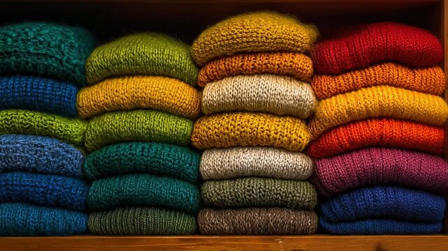 A colorful display of neatly stacked knitted sweaters.