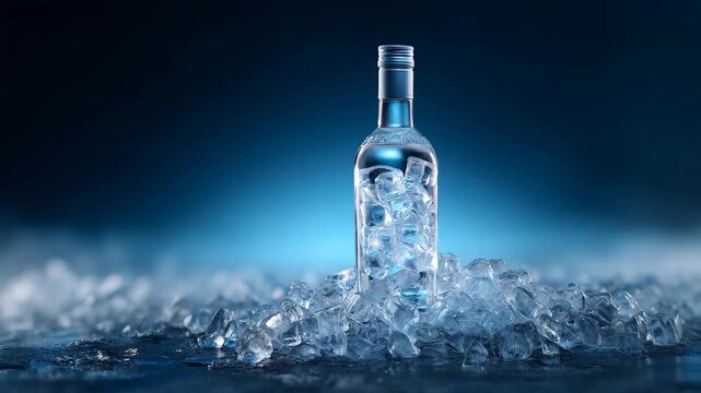Ice cold vodka bottle chilling on ice, A frosty vodka bottle nestled in ice