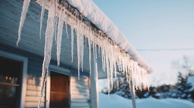 Icicles hanging from a house roof, glistening in the sunlight against a clear blue sky