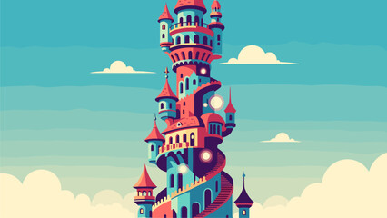 Whimsical Fantasy Castle Tower Illustration with Spiraling Architecture under a Blue Sky © berkot ravot