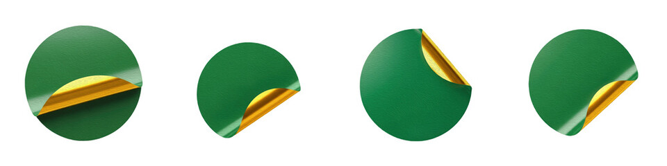 Set of round green stickers with gold peeling corners isolated on white background mockup