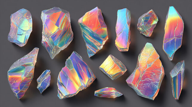A collection of iridescent gemstones or crystals scattered and showcased against a dark backdrop. The gems exhibit a beautiful play of colors
