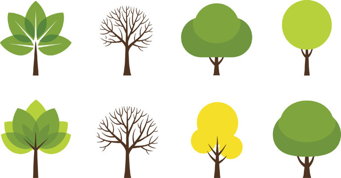 Set of minimalist flat design tree icons featuring leafy summer trees bare winter trees and geometric shapes isolated on grey background