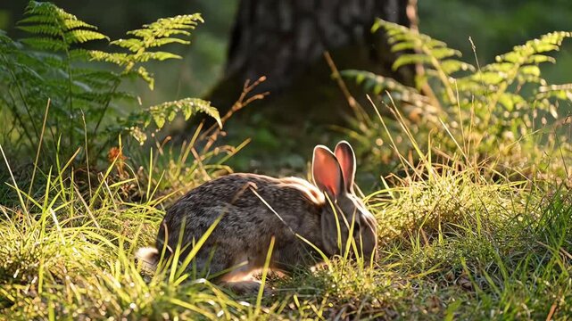 Wild Rabbit Bathed in Golden Sunlight in a Lush Forest Undergrowth