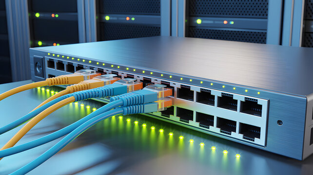 Close up of network switch with connected ethernet cables in server rack