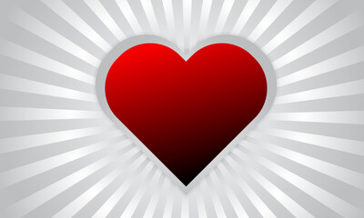 red heart shape gradient with drop shadow on sunburst graphic abstract background