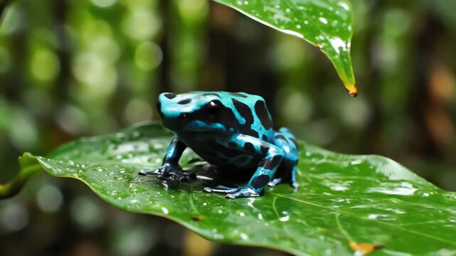 Vibrant Blue Poison Dart Frog on Wet Green Leaf in Tropical Rainforest