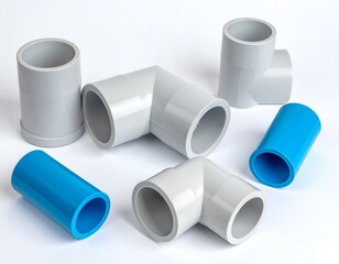 Assortment of PVC pipe fittings, including elbows and connectors