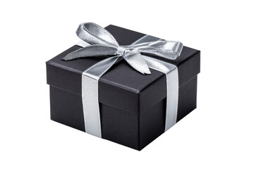 Obraz premium Black gift box with silver ribbon and bow on black background present, Isolated On White Background, Png Transparent