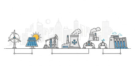 Energy sources and industrial production line illustration.