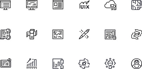 A collection of thin line icons representing web development and design concepts on a white background