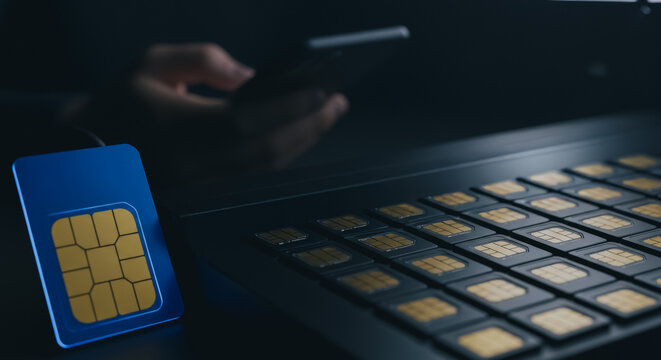 SIM Card Array and Smartphone in Dark Setting. Concept of Mobile Network Security, Bulk Activation, Telecom Fraud, Identity Theft, and Data Connection Technology.