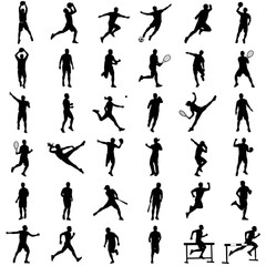 Fototapeta premium Black and white sports player silhouettes in action poses arranged in grid layout