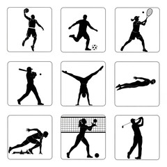 Fototapeta premium Black and white sports player silhouettes in action poses arranged in grid layout