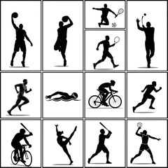 Black and white sports player silhouettes in action poses arranged in grid layout