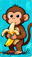 Naklejka premium Playful cartoon monkey eating a banana on green grass under blue sky, front view digital illustration for children's books and education