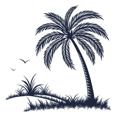 Obraz premium A serene tropical beach scene with palm trees and a bird in flight