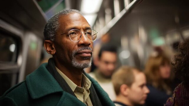A Thoughtful Man in a Crowded Subway Car Pauses to Adjust His Glasses, Reflecting on Life and Surroundings While Traveling Through the City on a Busy Day 