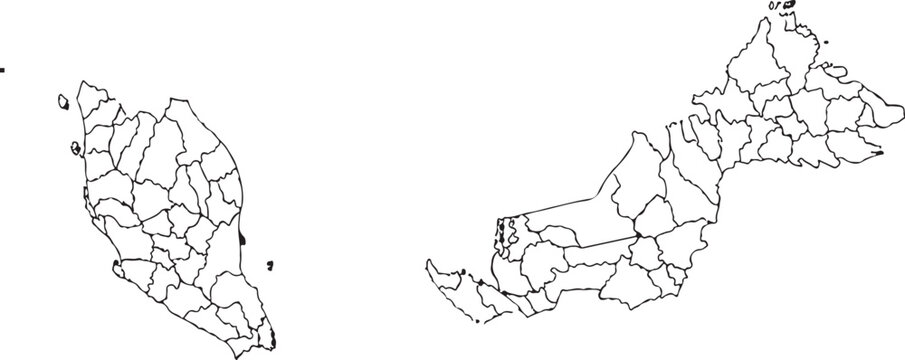 Malaysia Blank Outline Map - Detailed Administrative Districts of West and East Malaysia