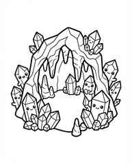 authentic human lifestyle concept Cute Kawaii Crystal Cave Coloring Page with Smiling Gemstone Characters. Black and white line art vector illustration for kids' activity books and fantasy-themed art.
