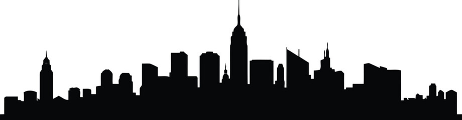 Fototapeta premium Black silhouette of a modern city skyline with tall skyscrapers on a white background vector illustration
