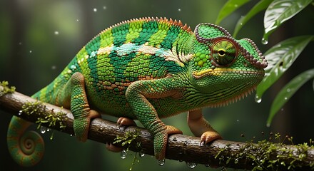Obraz premium A vibrant chameleon with striking green and yellow patterns perched on a mossy branch during a gentle rain shower, showcasing its unique camouflage abilities in a lush natural environment