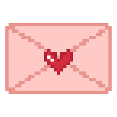 Fototapeta premium Pink pixel art envelope icon sealed with a small red heart stamp