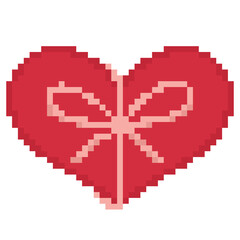 Obraz premium Red pixel art heart icon wrapped with a simple ribbon bow decoration