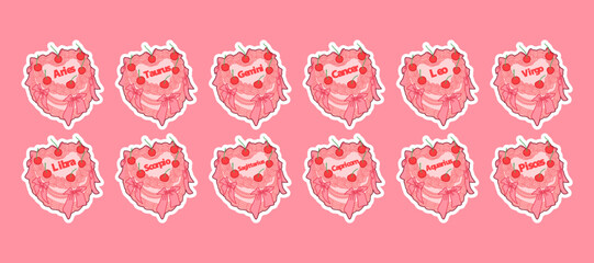 Cute Pink Zodiac Sign Badges With Hearts, Astrology Chart Sticker