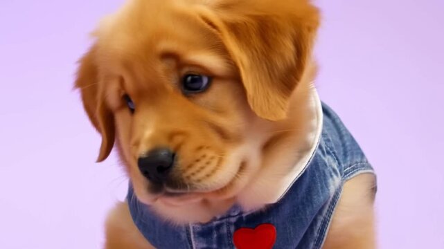 A golden retriever puppy in a denim jacket with a heart patch looks tenderly at camera against a pastel lavender background, concept of heartfelt affection and loyalty