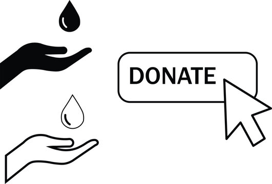 Monochrome donate icon with hands and symbolic drops, featuring a clickable button and cursor