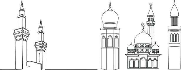 Line art illustration of four distinct mosque minarets in a row