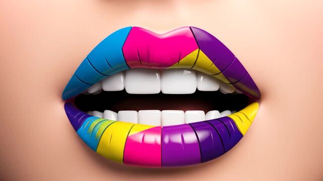 Close-up of lips painted with bold, contrasting geometric color blocks