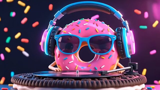Cool Pink Donut DJ with Headphones and Sunglasses Spinning Vinyl Surreal Party