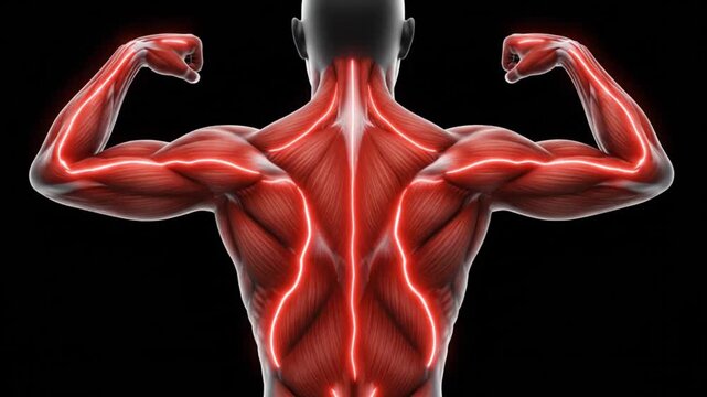Detailed anatomical illustration of a muscular male back with glowing red lines highlighting the muscle structure.