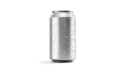 A cold silver soda can with water droplets on a plain white background