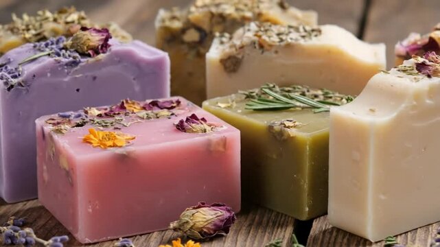 Assorted handmade soaps arranged on wooden surface with dried flowers and herbs
