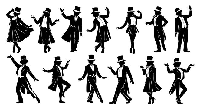 Collection of Silhouettes of Performers in Top Hats and Tuxedos in Various Poses.