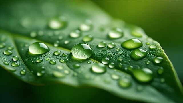 Fresh green leaf with crystal water droplets under natural light, symbolizing growth, purity, sustainability, and eco-friendly concepts for nature and environmental media.