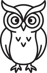 A stylized black and white line drawing of an owl facing forward with detailed feathers and eyes