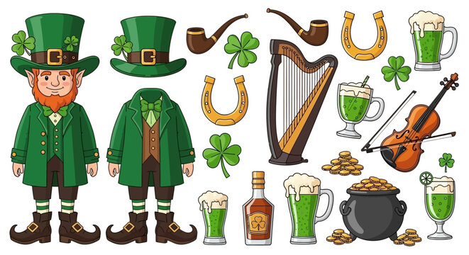 A collection of St. Patrick's Day themed items including a leprechaun, shamrocks, gold, green beer, and musical instruments.
