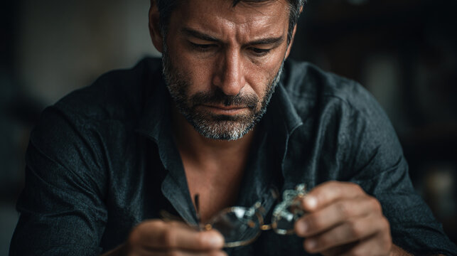 A thoughtful man holding glasses, focused on introspection and contemplation. The man is looking downwards while wearing spectacles