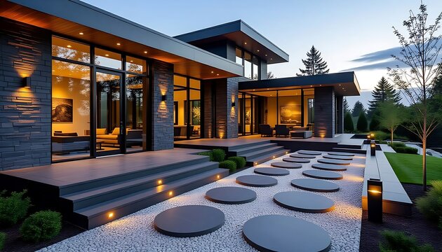 Luxury modern home exterior featuring the facade with dark grey stacked slate stone walls, stepping stones and large black-framed glass windows illuminated by warm lightings 