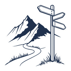 A signpost with three directional arrows pointing towards different mountain peaks © Rabbi