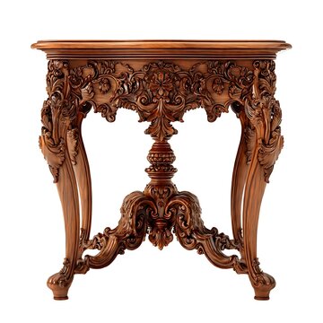 Vintage crafted wooden table with its beautifully ornate carvings isolated on white background