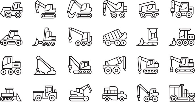 Collection of construction vehicle line art icons