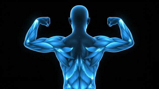 Detailed glowing blue human muscular system from the back view on a dark background.