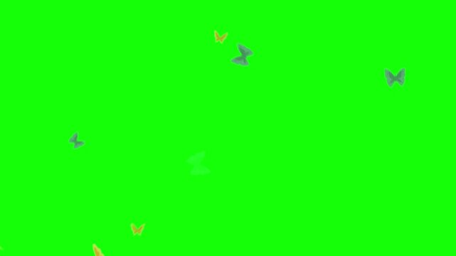 Delicate colorful butterflies flutter gently across a vibrant green screen background creating a beautiful natural visual effect overlay for video projects
