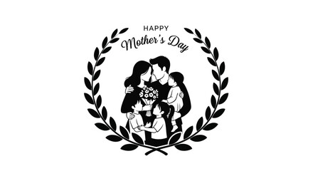 Happy mother s day wreath with family figures black silhouette © MdGolam
