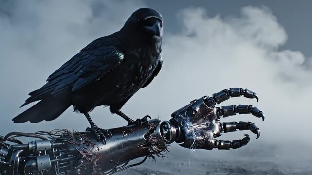 A black crow perched on a robotic mechanical arm outdoors against a cloudy sky